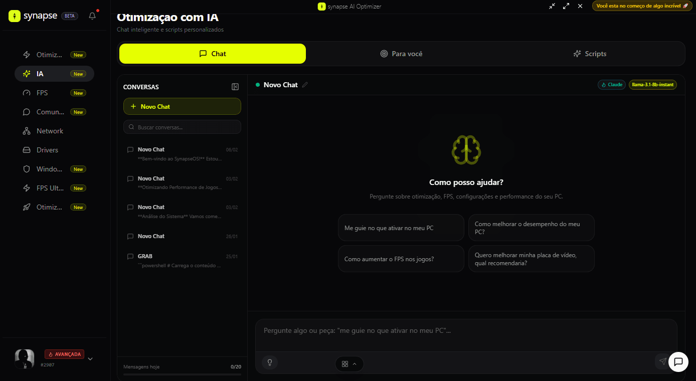 Interface do Synapse — app desktop de otimização para Windows