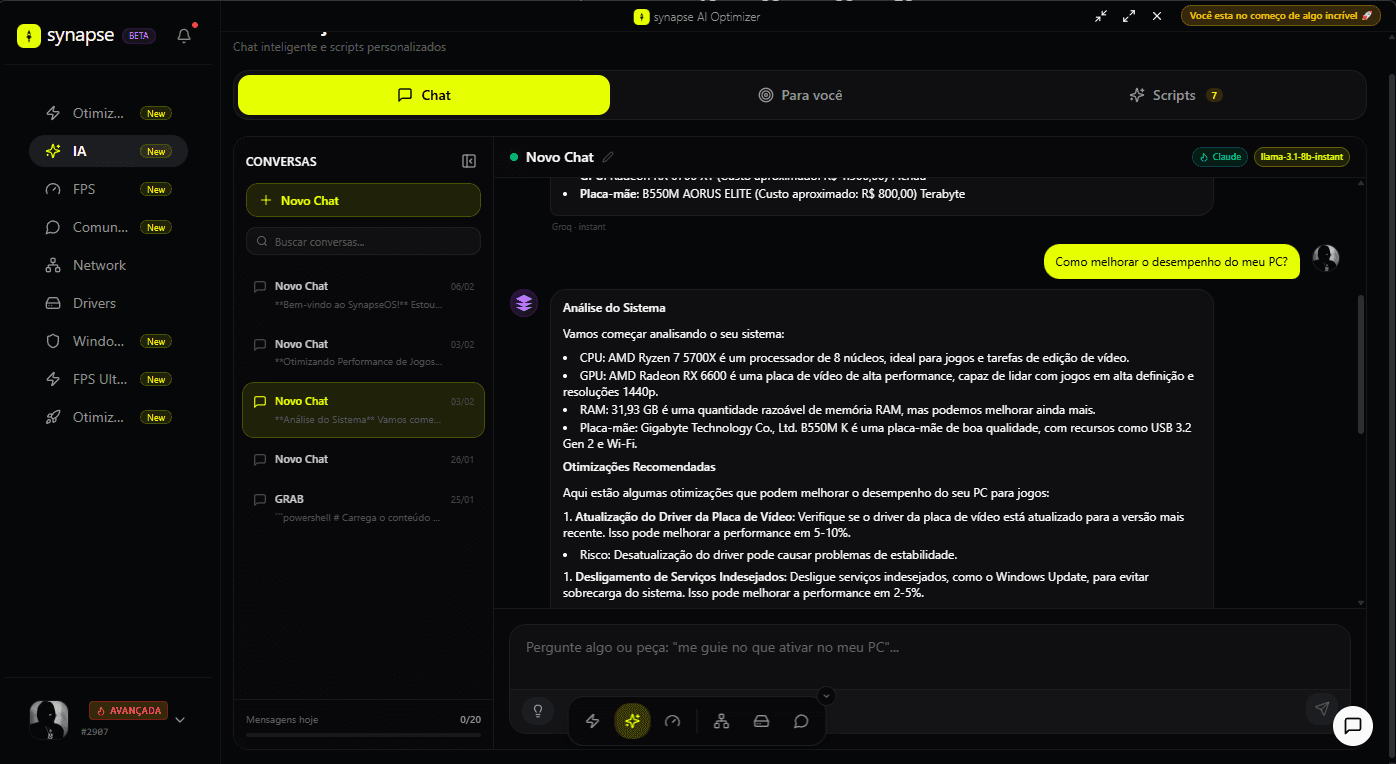 Interface do app Synapse — scripts personalizados